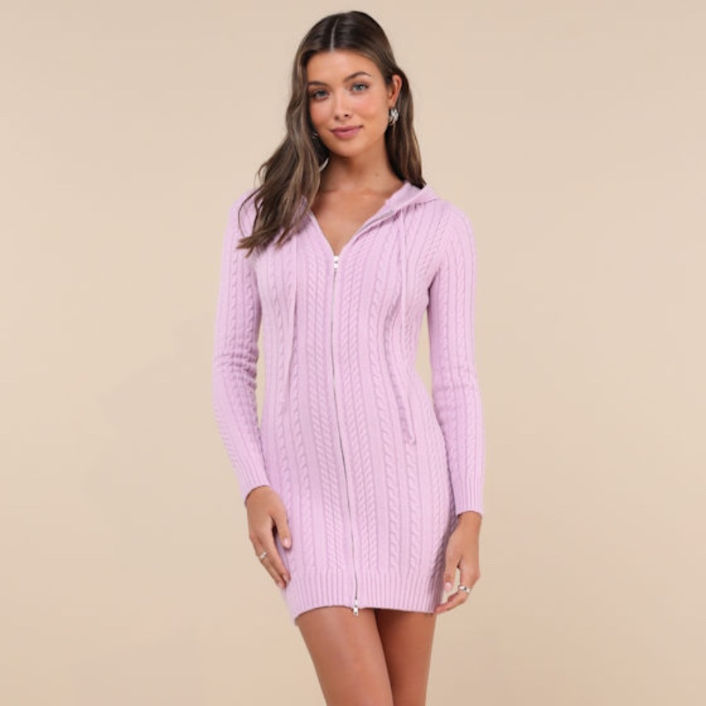 Lulus Cozy Aura Lilac Cable Knit Zip-front Hooded Sweater Mini Dress Purple